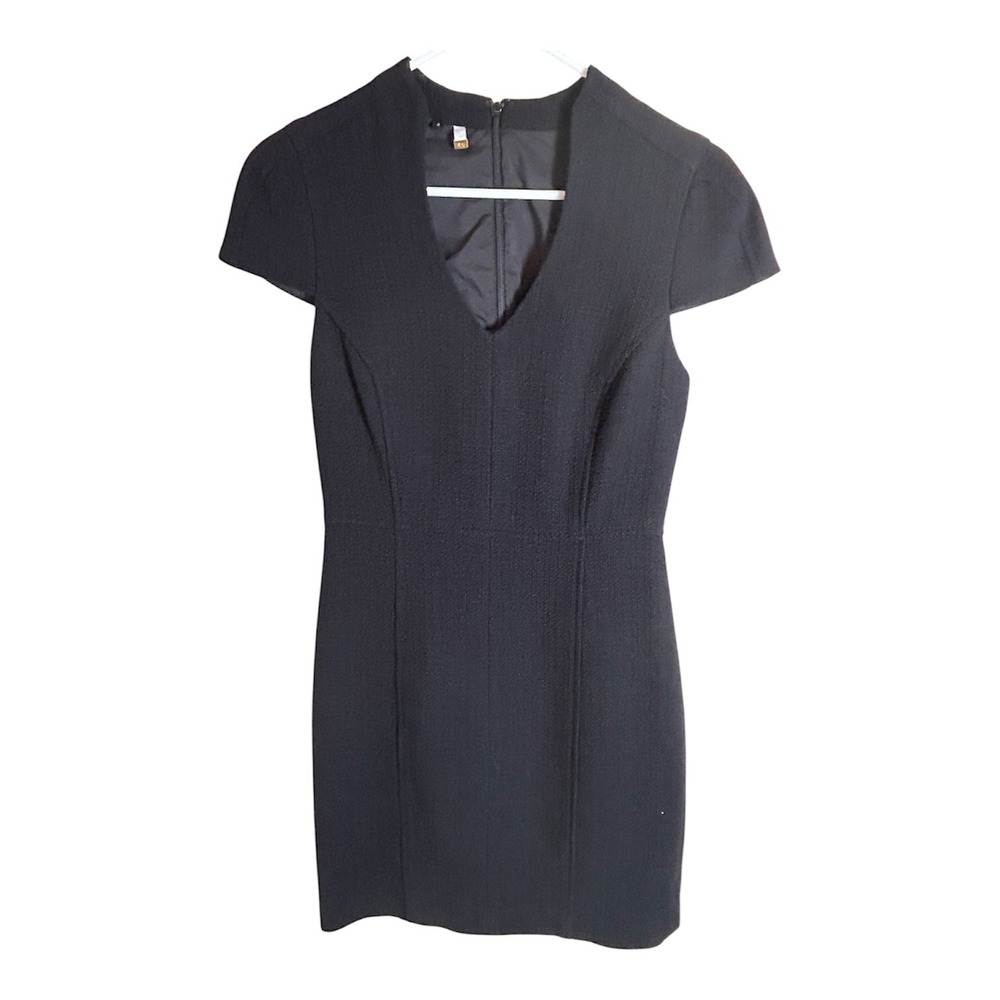 Chanel Dress Women 2 Black V-Neck Short Sleeve Cotton Tweed Mini